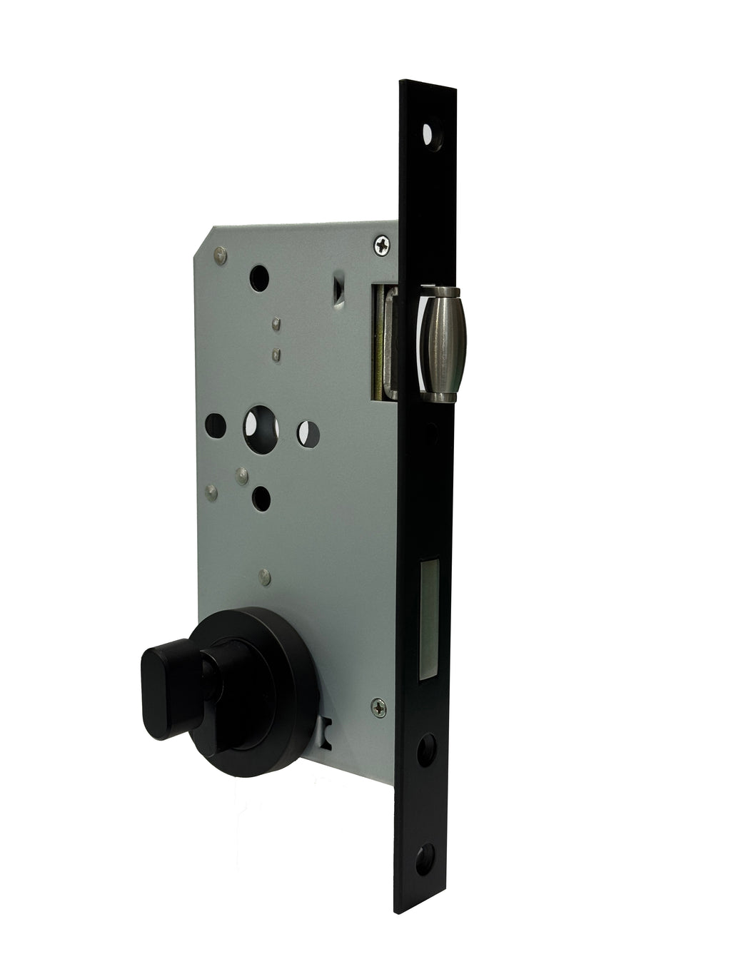 Matt Black Roller Mortice Lock with Round Escutcheon on a white background