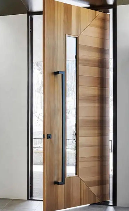 Modern timber door with large viewing panel on side featuring Z-PH381200FBO-SQ-PC-BLK Matt black offset entry door pull handles