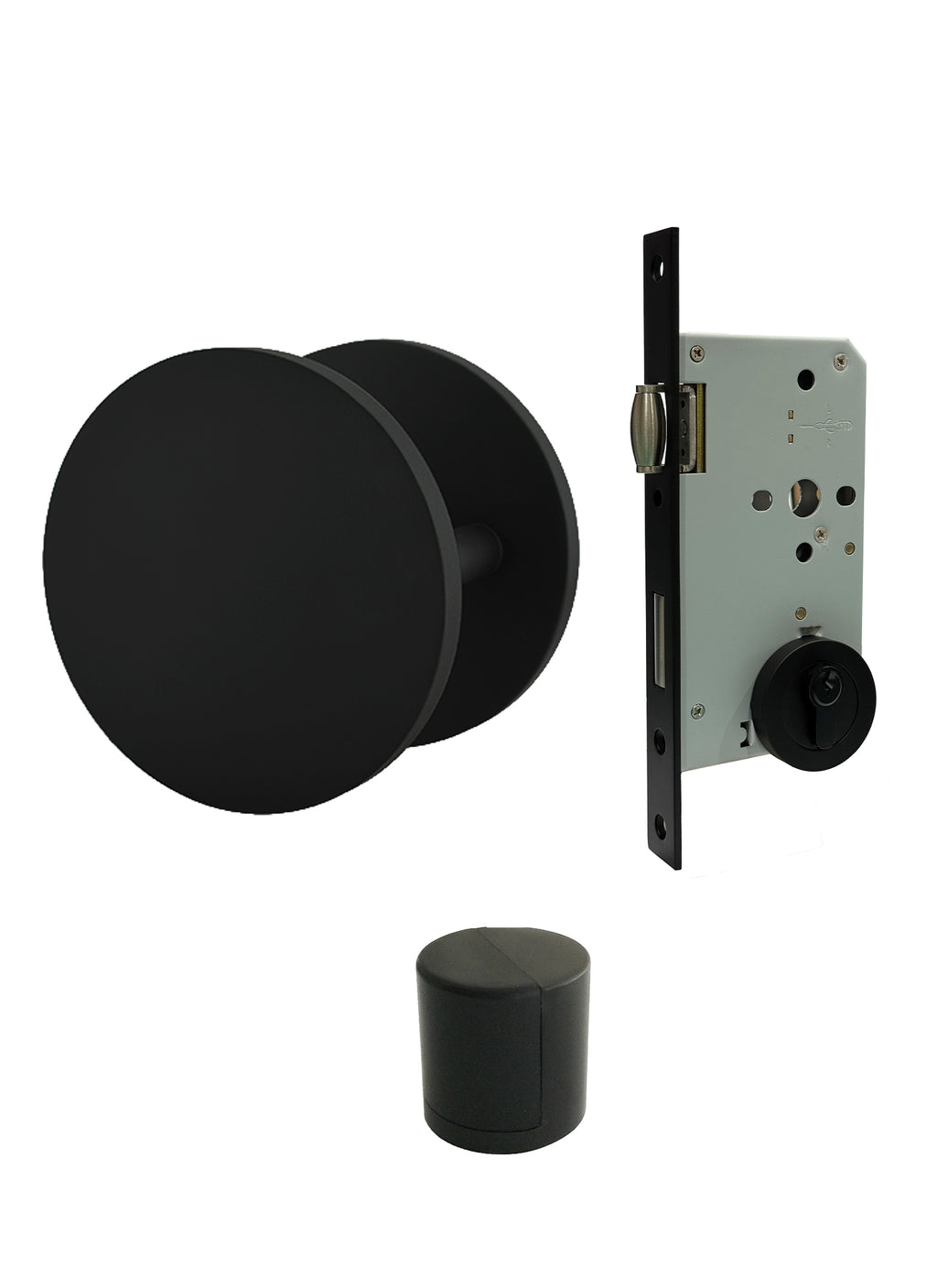  ZMTONLINE Matt Black Round entry door pull handle (bundle set) including  Roller mortice lock and door cube doorstop. Z-BDL220RO-BLK 