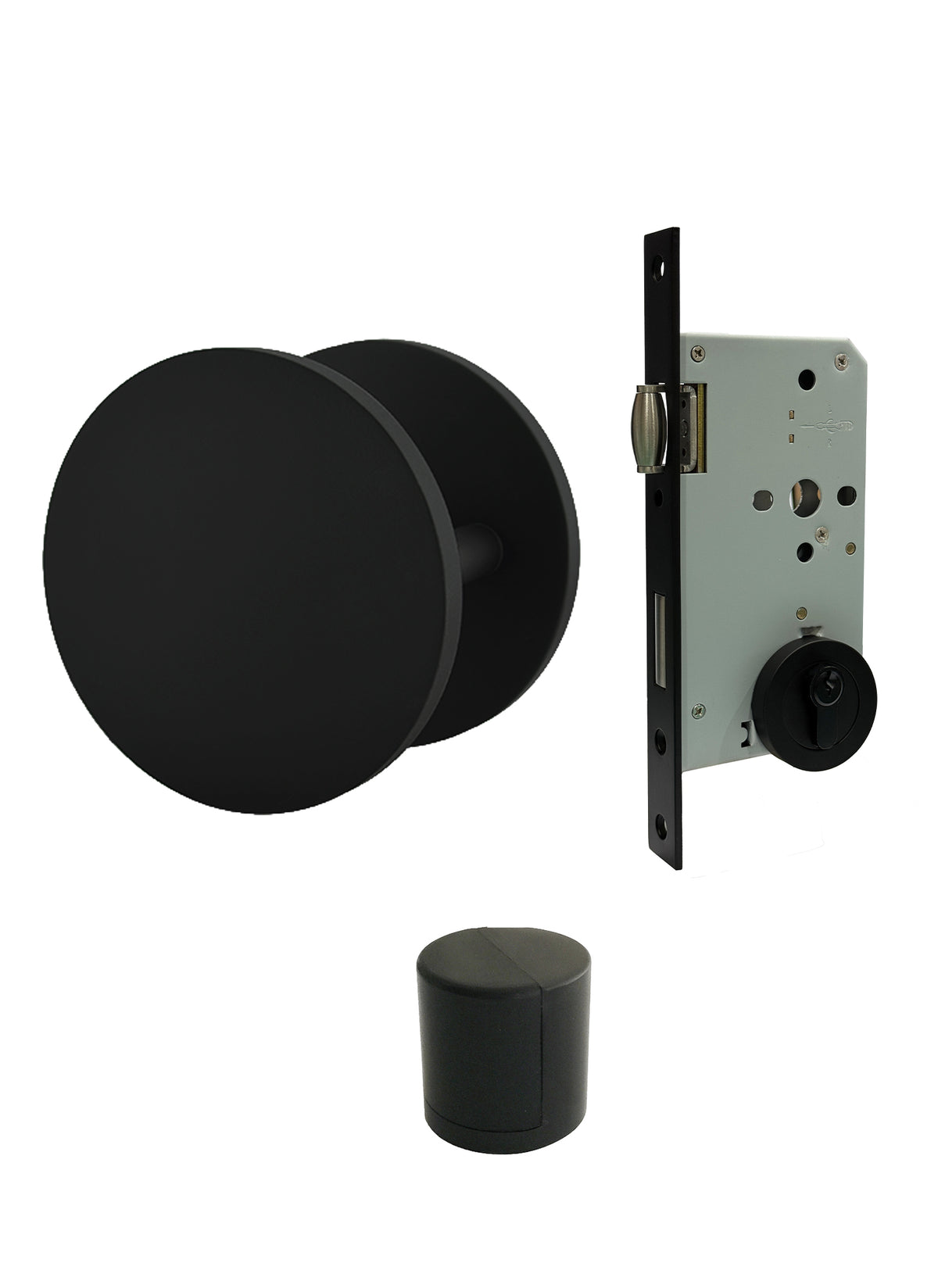  ZMTONLINE Matt Black Round entry door pull handle (bundle set) including  Roller mortice lock and door cube doorstop. Z-BDL220RO-BLK 