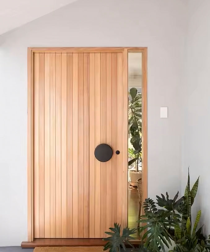 ZMTONLINE modern timber door featuring Z-PH10220RO-BLK Matt black entry door pull handle set and Mortice lock 