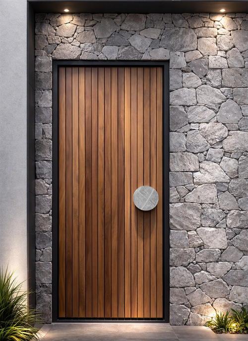 ZMTONLINE Timber door featuring a Tundra Stone entry pull handle(Rhondo Stone Series) Z-PH200RO-TG