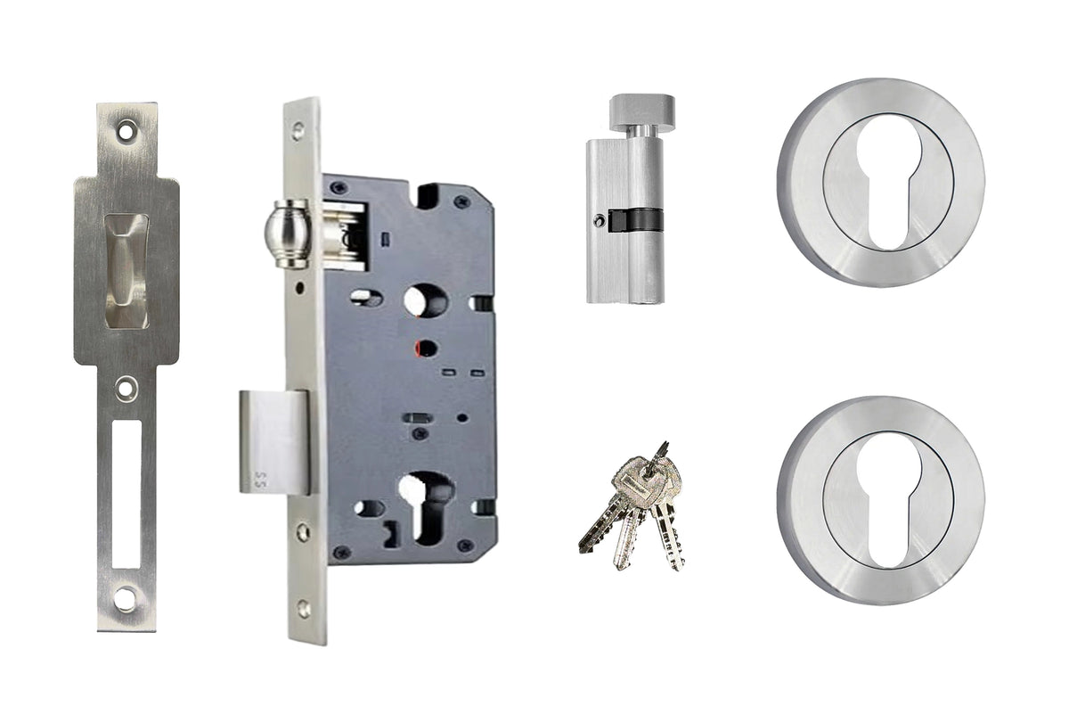 ZMTONLINE Stainless Steel Roller mortice lock Set components including a round escutcheon.

