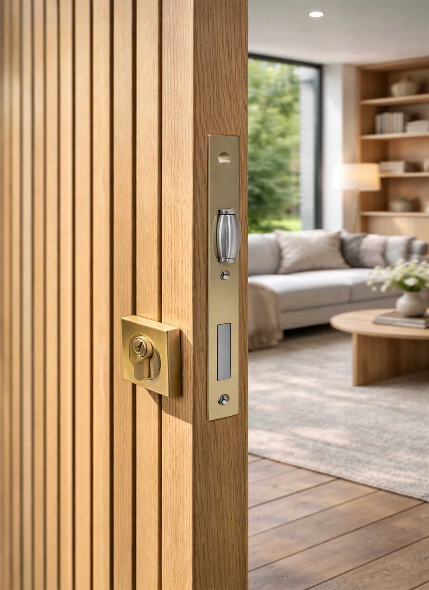 ZMTONLINE Modern Timber door with mortice lock, and square escutcheon