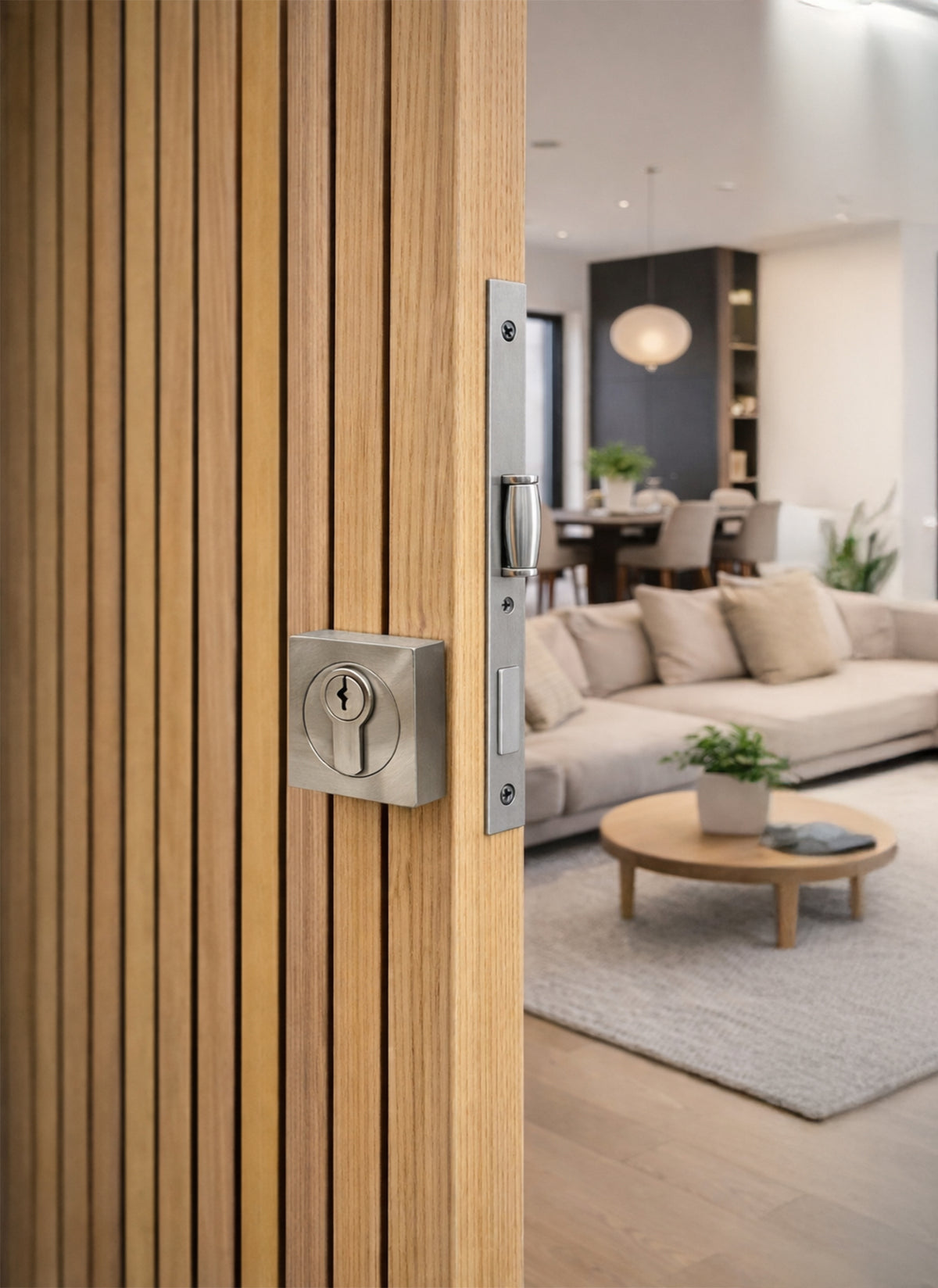 Wooden door with a stainless steel roller mortice lock with a square front, leading into a living room. 