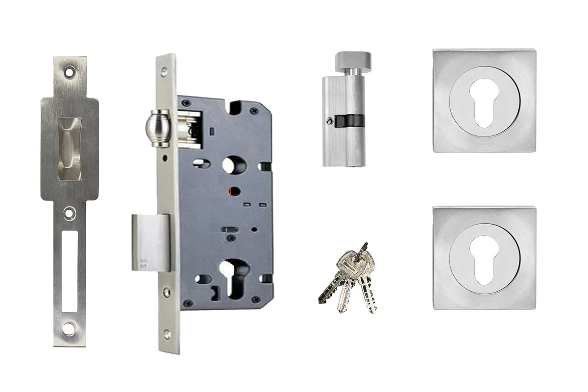 A stainless steel roller mortice lock with a square front with metal door lock components including a latch, deadbolt, and key on a white background.