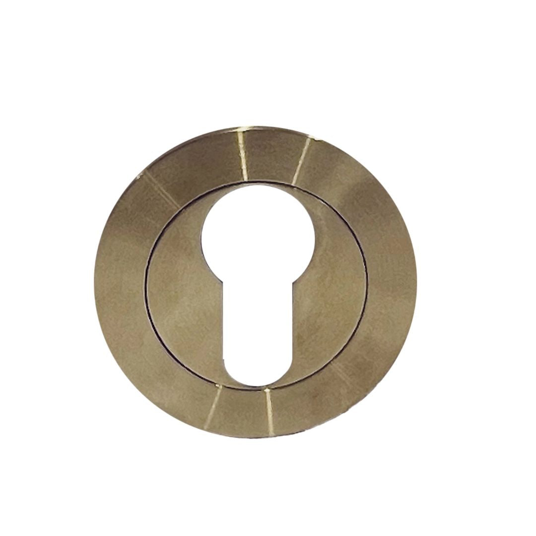 ZMTONLINE Round Brushed Brass Euro cylinder escutcheon set on a white background. Z-ES52-RO-BB