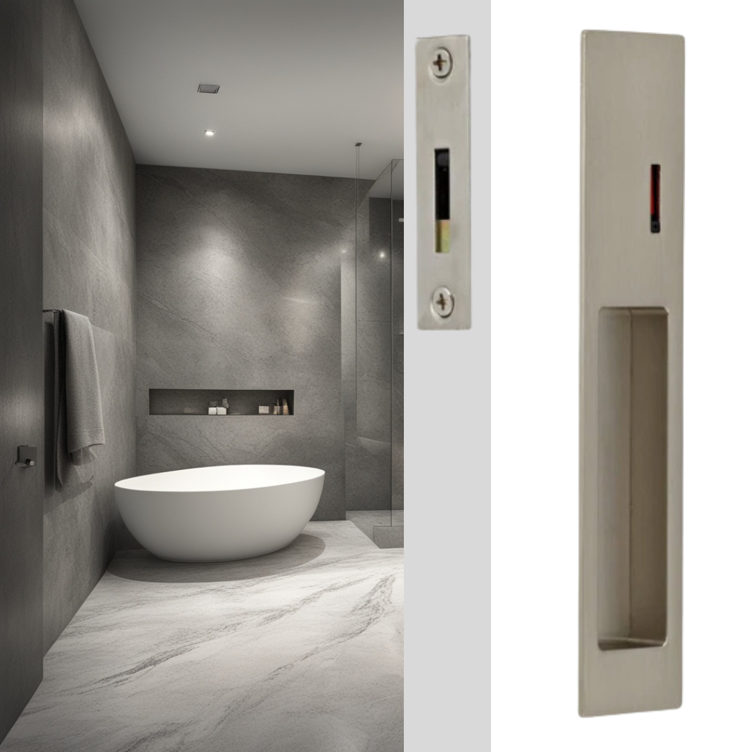 ZMTONLINE stainless steel privacy lockset for sliding doors, with a flush pull and privacy functions. It is installed on a white timber door in a bathroom setting.