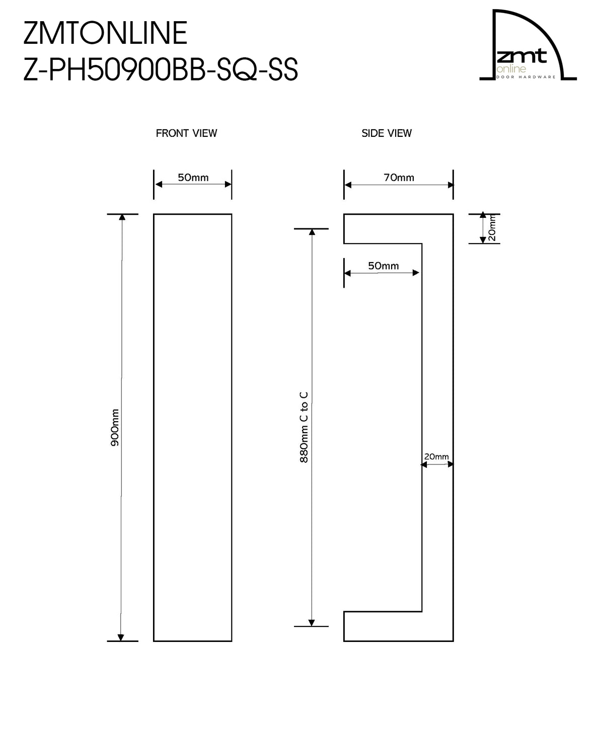 ZMTONLINE Front and view side dimensions drawing of 900mm Stainless steel entry door pull handles 

