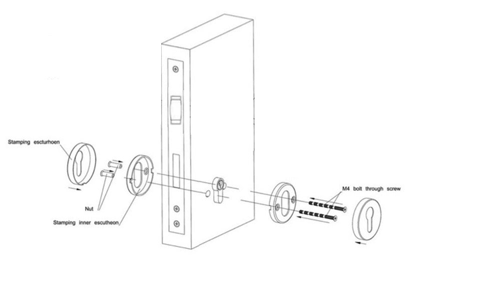 Technical drawing of a stainless steel roller mortice lock with round escutcheon, showing various components like the lock body, escutcheons, and cylinder.