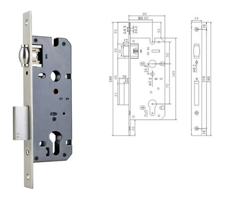 A stainless steel roller mortice lock shown with its matching round escutcheon with matching diagram and measurements
