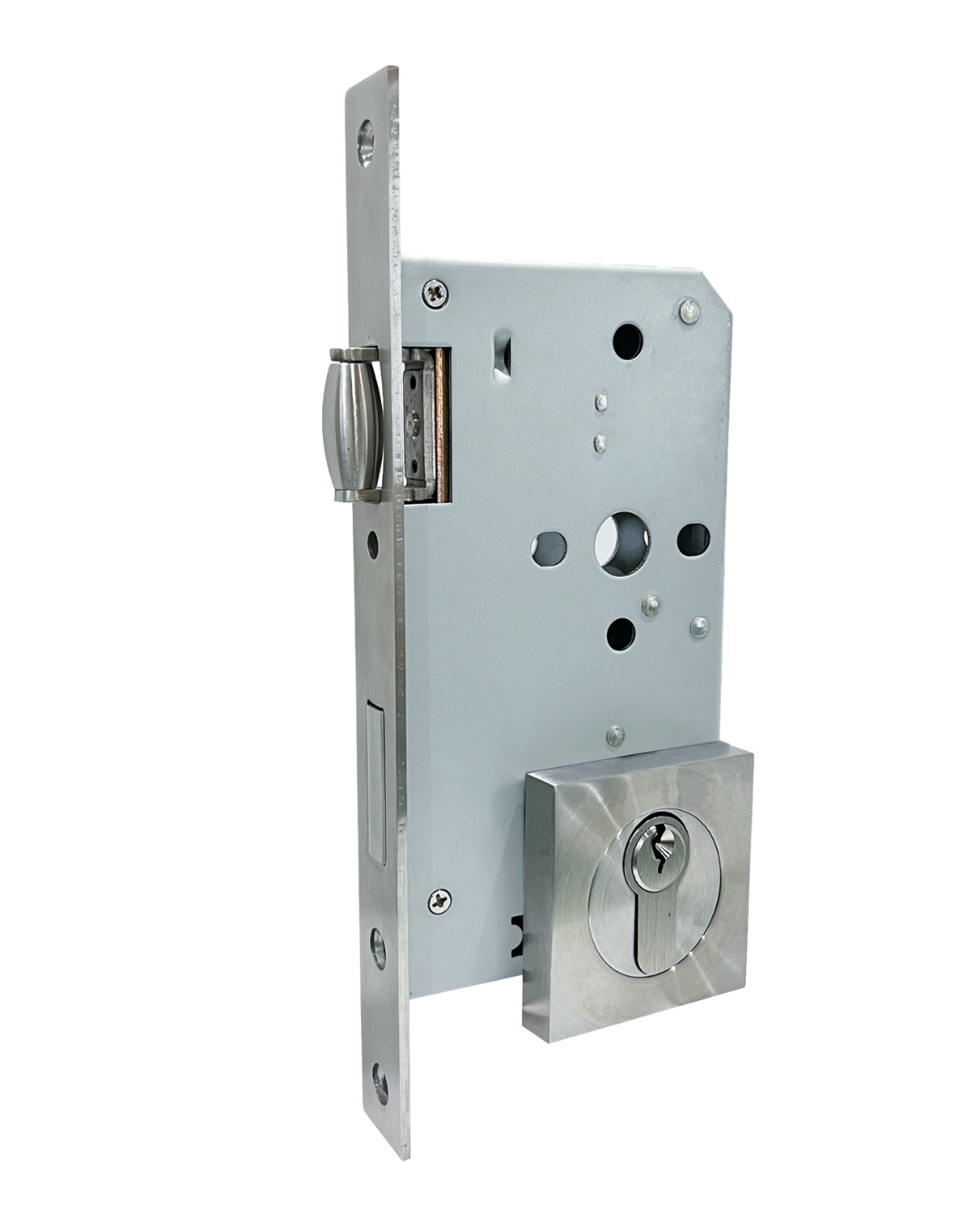 A stainless steel roller mortice lock with a square front, on a transparent background