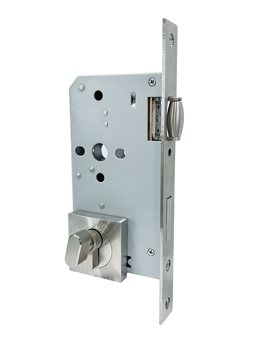 A stainless steel roller mortice lock with a square front, on a transparent background