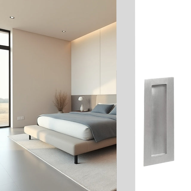 ZMTONLINE modern stainless steel flush pull handle installed on a white sliding door in a bright room, with a modern bedroom 