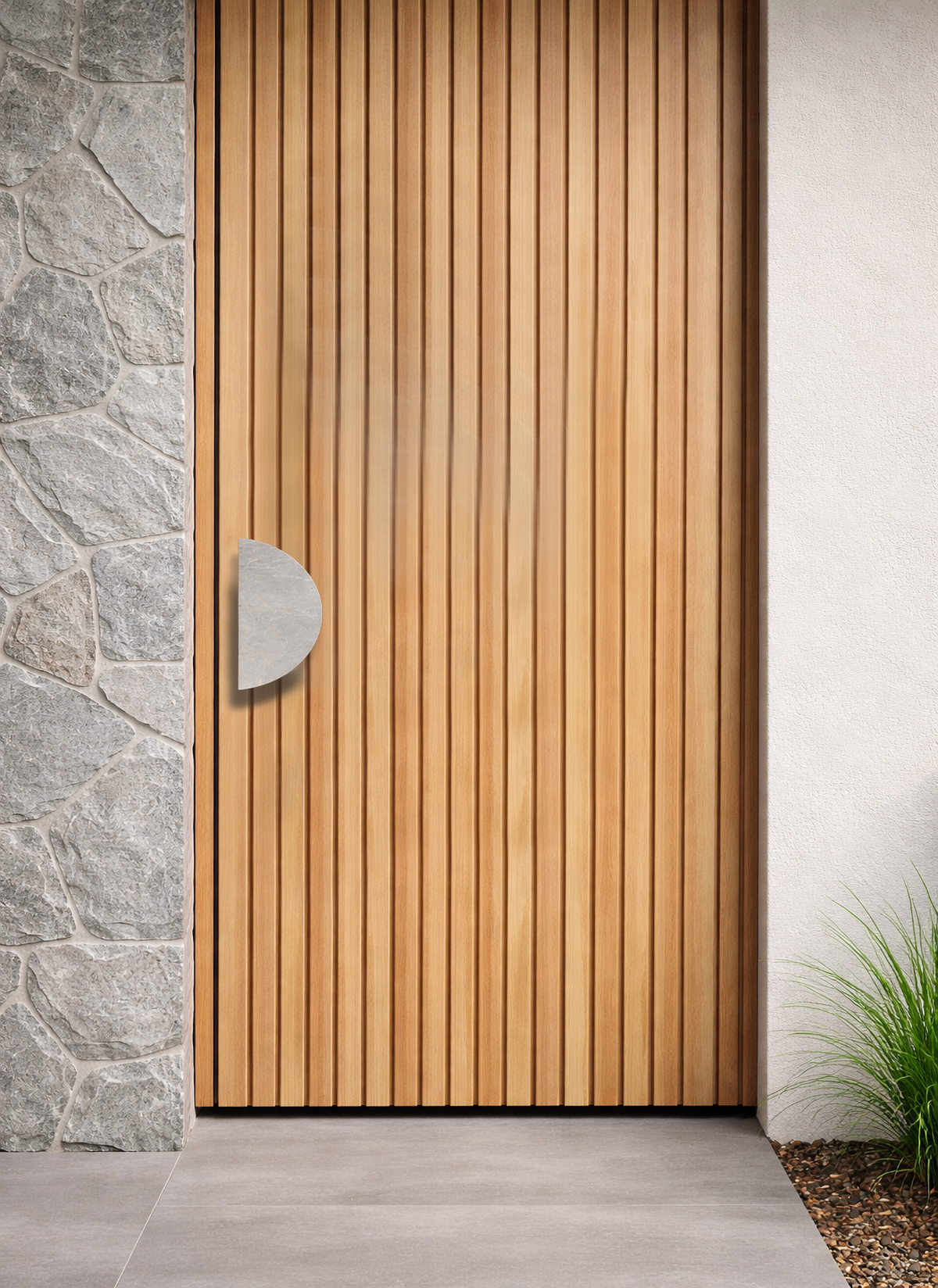 ZMTONLINE Timber door featuring a Tundra  Grey Marble Mezza Luna Stone entry pull handle. Z-PH205HM-TG
