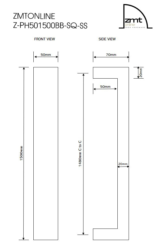 ZMTONLINE Z-PH501500BB-SQ-SS Technical drawing with dimensions labelled, front and side view.