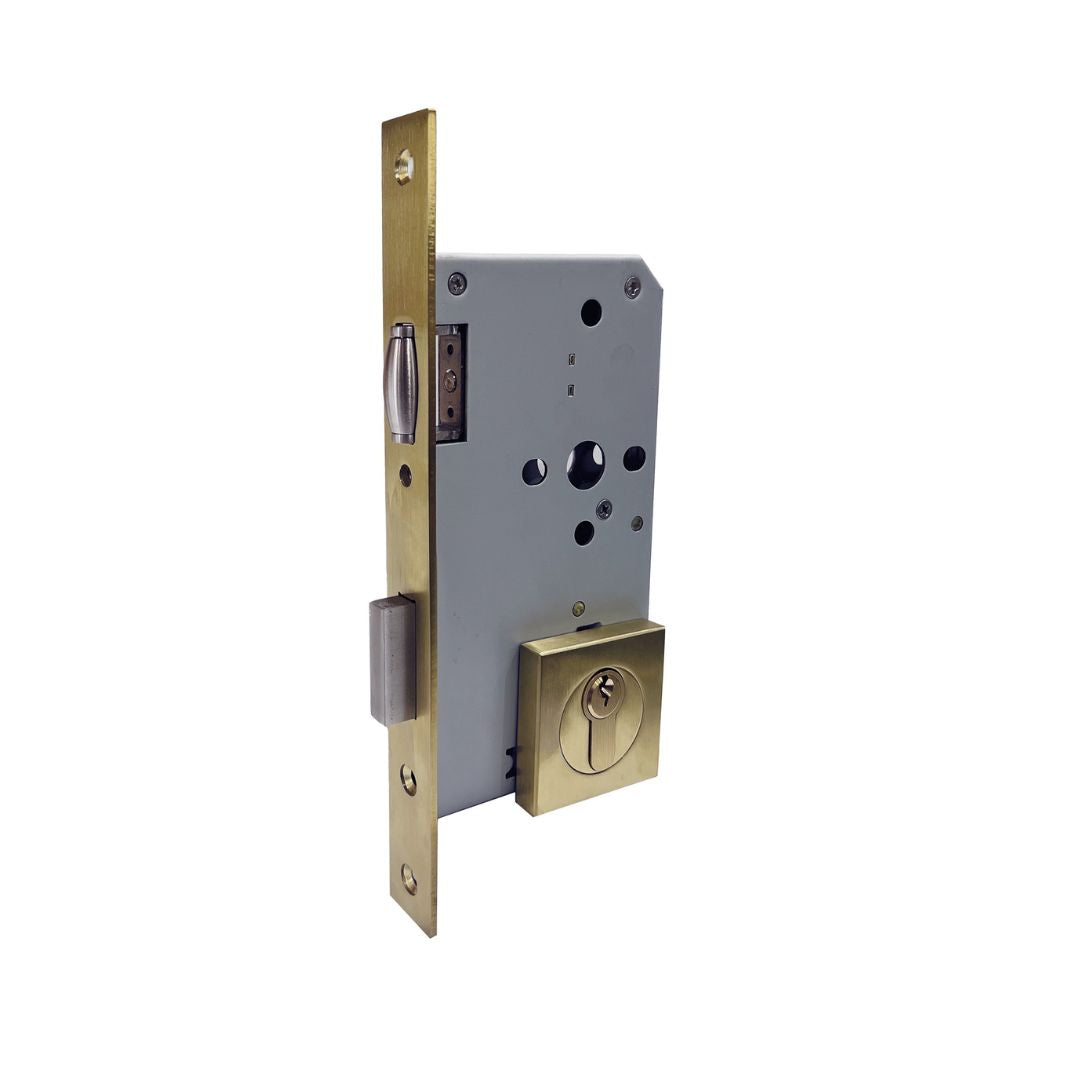 brushed-brass-roller-mortice-lock-with-square-escutcheon on a white background