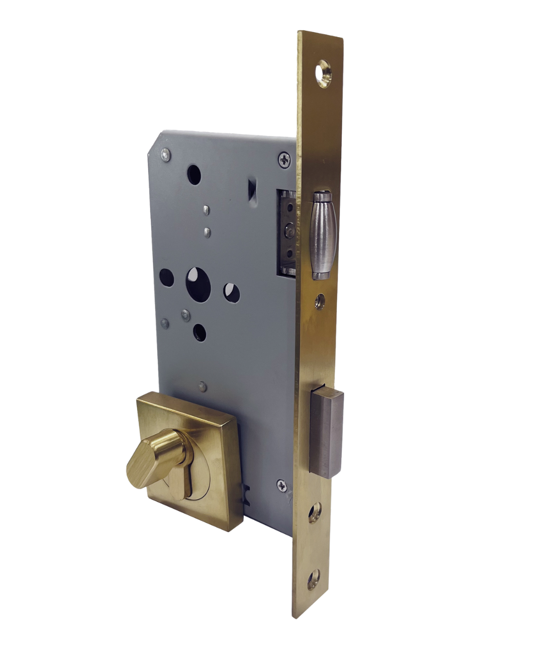 brushed-brass-roller-mortice-lock-with-square-escutcheon with a transparent background