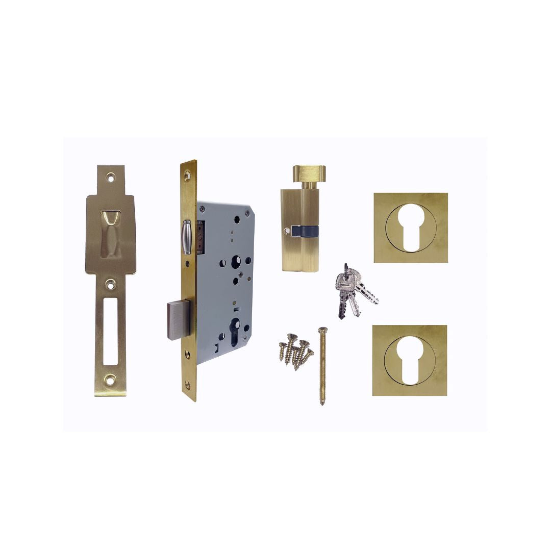 brushed-brass-roller-mortice-lock-with-square-escutcheon on a white background, showcasing all parts included