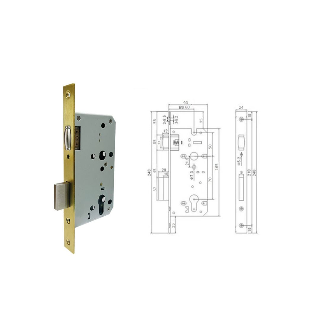 brushed-brass-roller-mortice-lock-with-square-escutcheon with corresponding diagram with dimensions