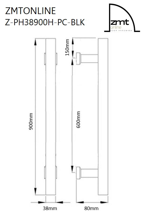 ZMTONLINE Technical dimension diagram showing front and side views with measurements 900mm, 600mm, 150mm, 38mm, and 80mm. model Z-PH38900H-PC-BLK 