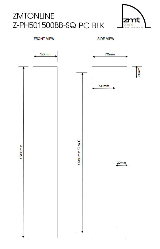 Z-PH501500BB-SQ-PC-BLK 2 Technical drawing with dimensions labelled, Front and side view.