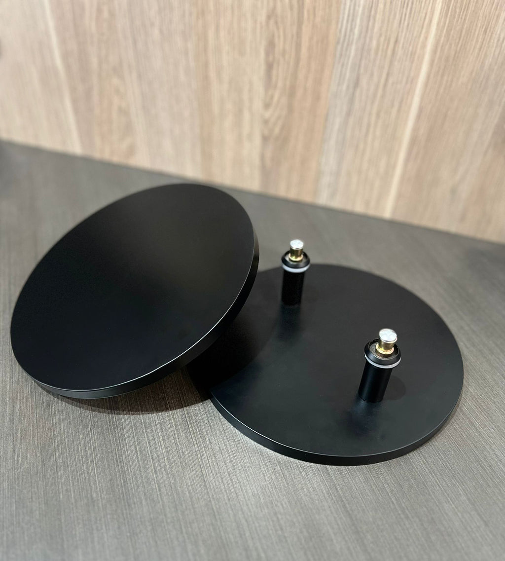 Pair of matt black round Rhondo 220 entry door pull handles viewed from the the top seperated