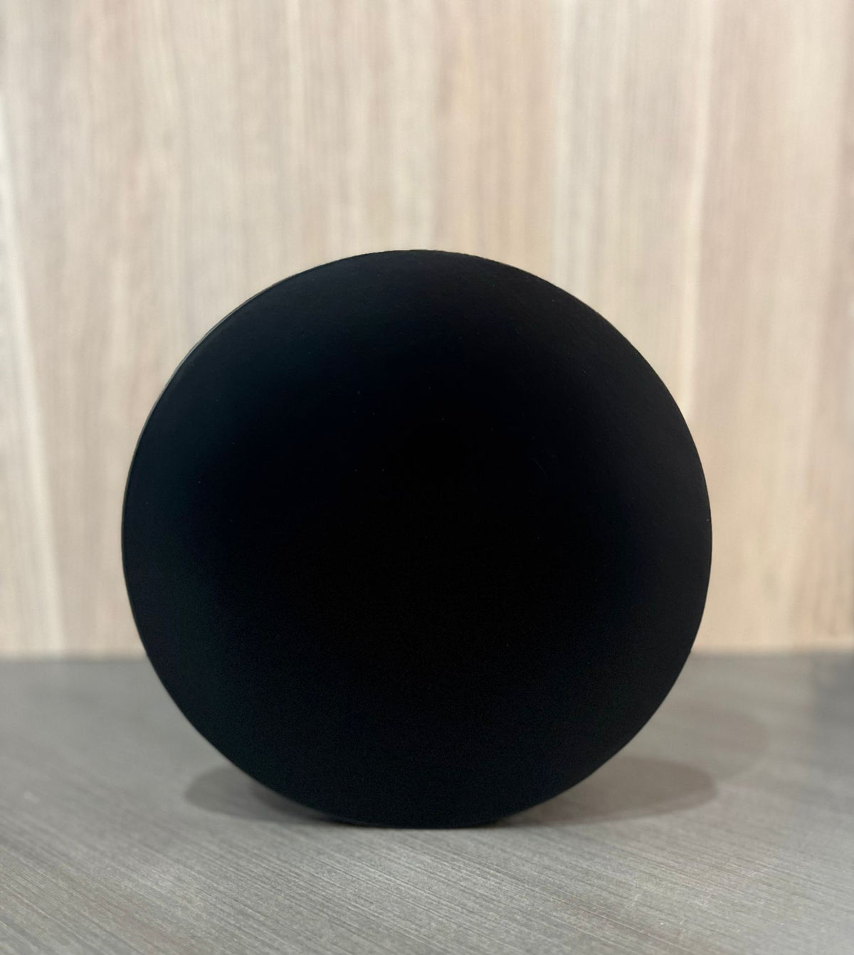 Pair of matt black round Rhondo 220 entry door pull handles viewed completely front on
