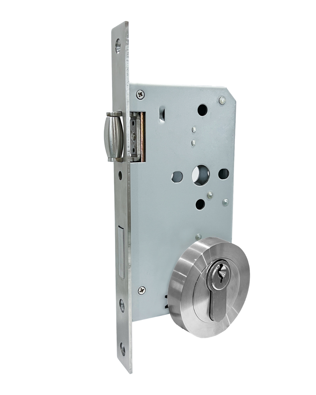 A stainless steel roller mortice lock shown with its matching round escutcheon