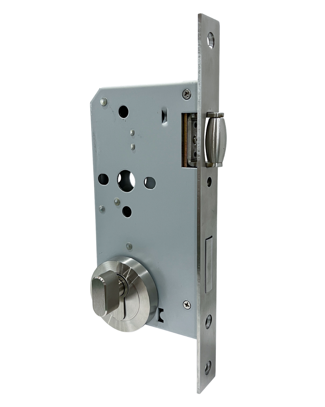 A stainless steel roller mortice lock shown with its matching round escutcheon