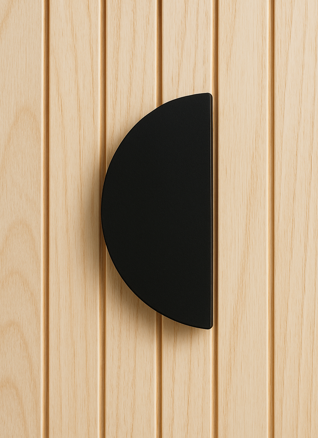 ZMTONLINE Modern Timber door featuring Z-PH12300HM-PC-BLK Matt Black half-moon entry door pull handle. 