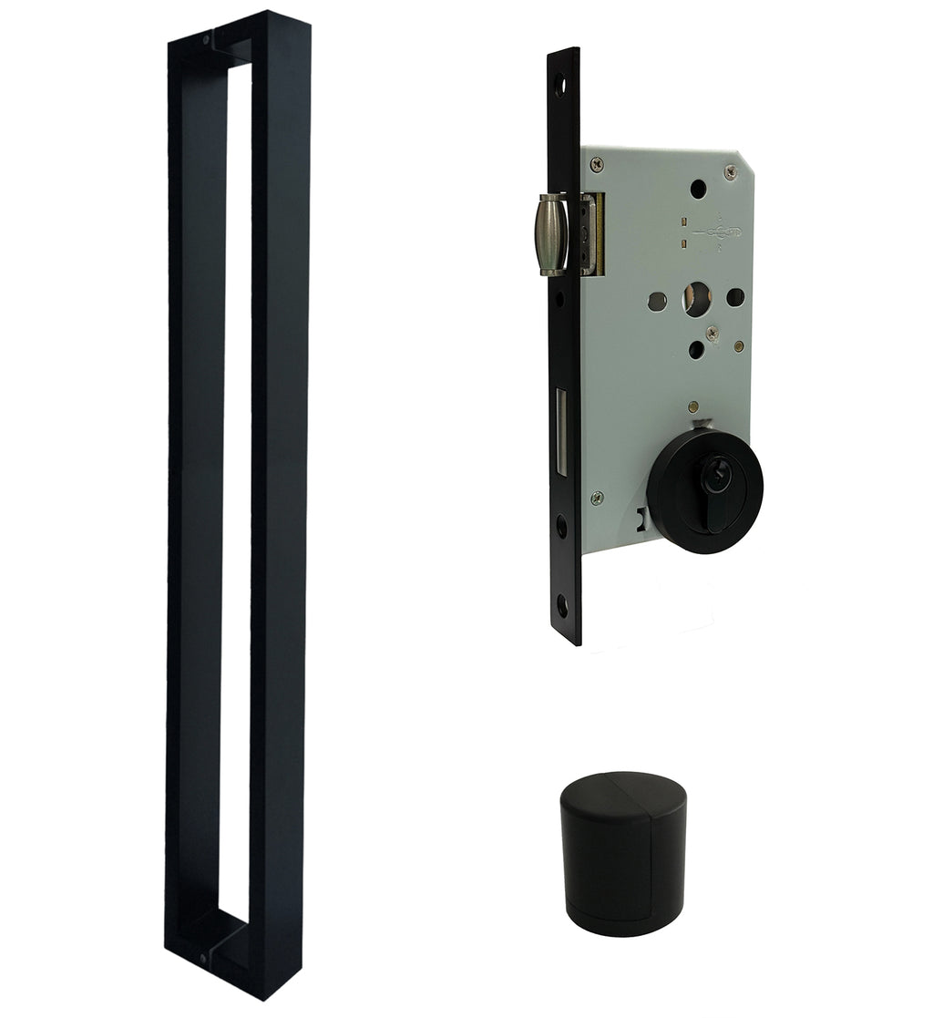 ZMTONLINE Matt Black entry door handle  bundle set including roller mortice lock with a round escutcheon and cylindrical door stop. Z-BLD900BB-RO-PC-BLK
