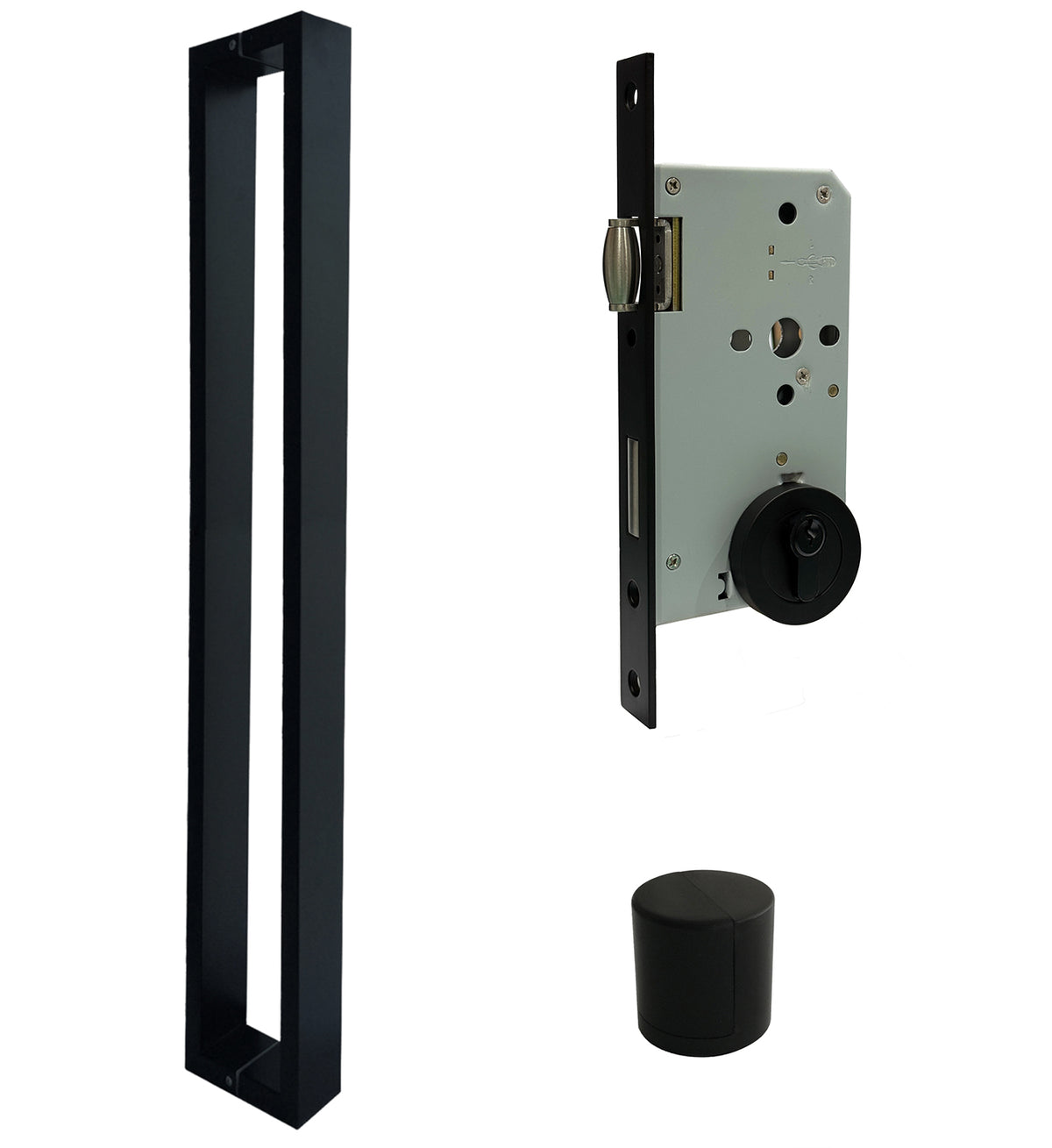 ZMTONLINE Matt Black entry door handle  bundle set including roller mortice lock with a round escutcheon and cylindrical door stop. Z-BLD900BB-RO-PC-BLK
