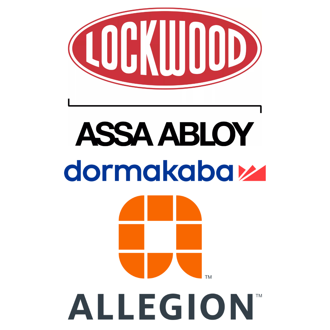Logos of Lockwood, Assa Abloy, Dormakaba, and Allegion on a white background